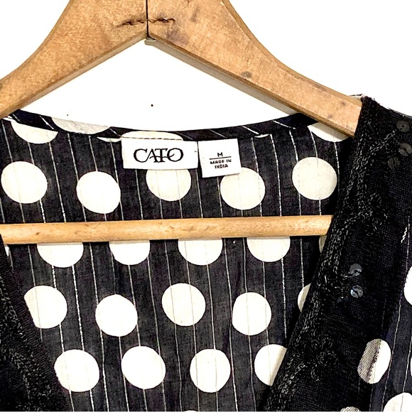Cato Polka Dot Sequin Lace Trim Cami Tank Sleeveless Fitted V-Neck Blouse Top M - Picture 7 of 12